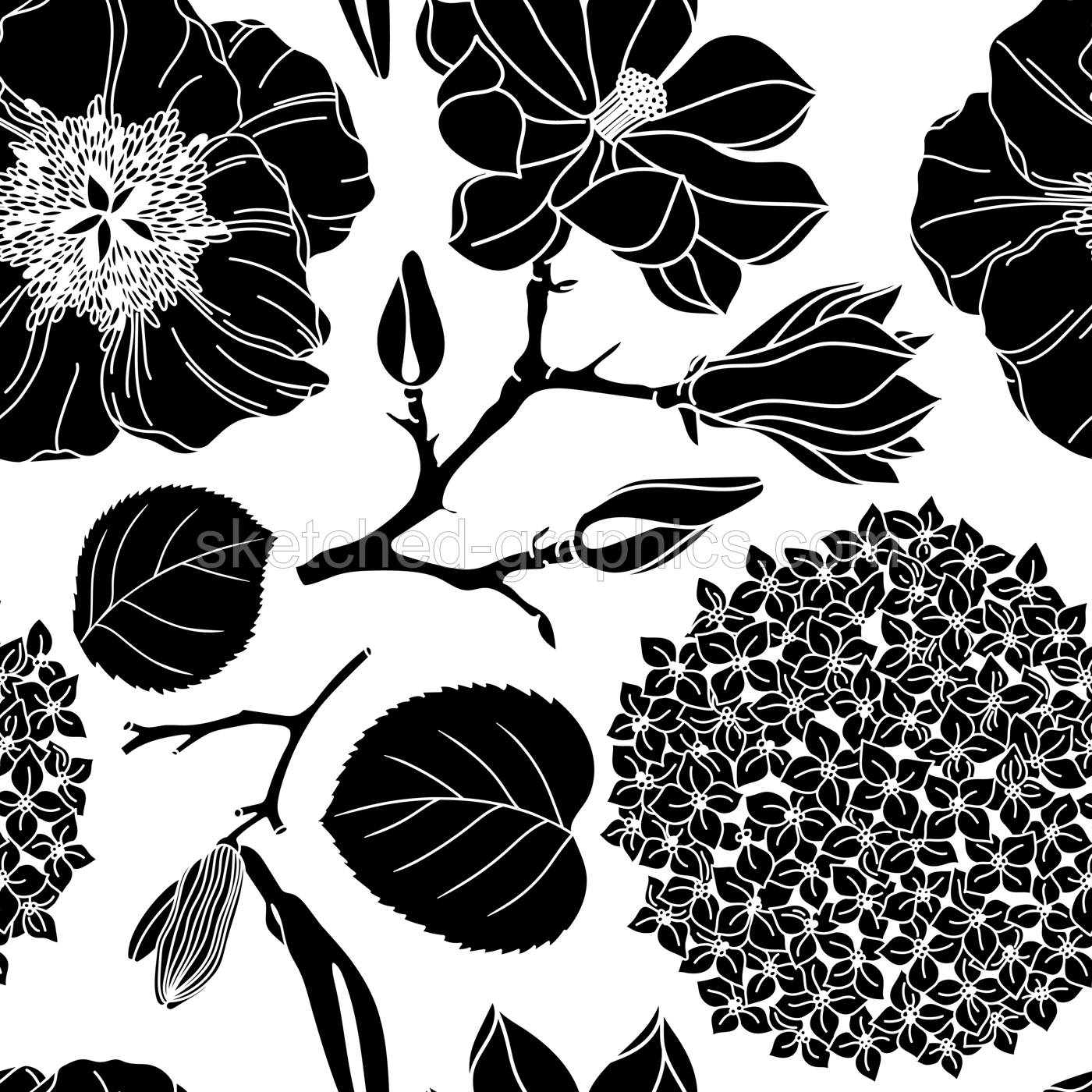 Vector seamless pattern with black flowers on white background. Botanical design for packaging, wrapping paper, wallpaper, fabric, fashion. Garden peony, poppy, lily, magnolia silhouettes backdrop Illustration